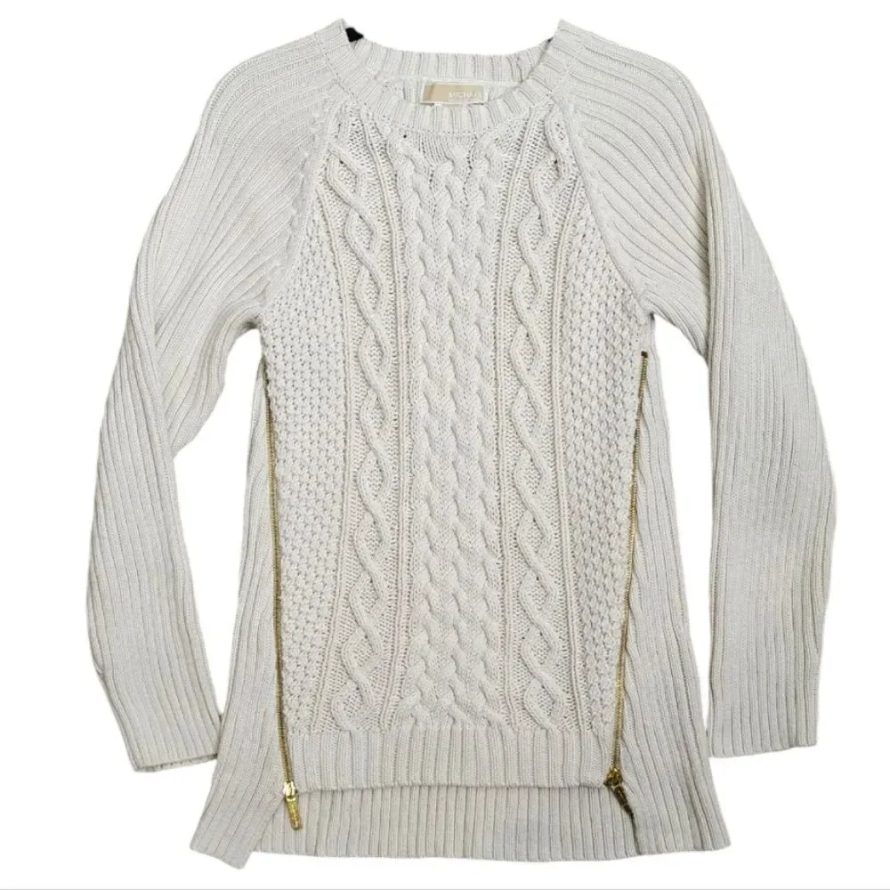 NWOT Michael Kors Ivory Cream Cable Knit Sweater with Gold Zippers Size L